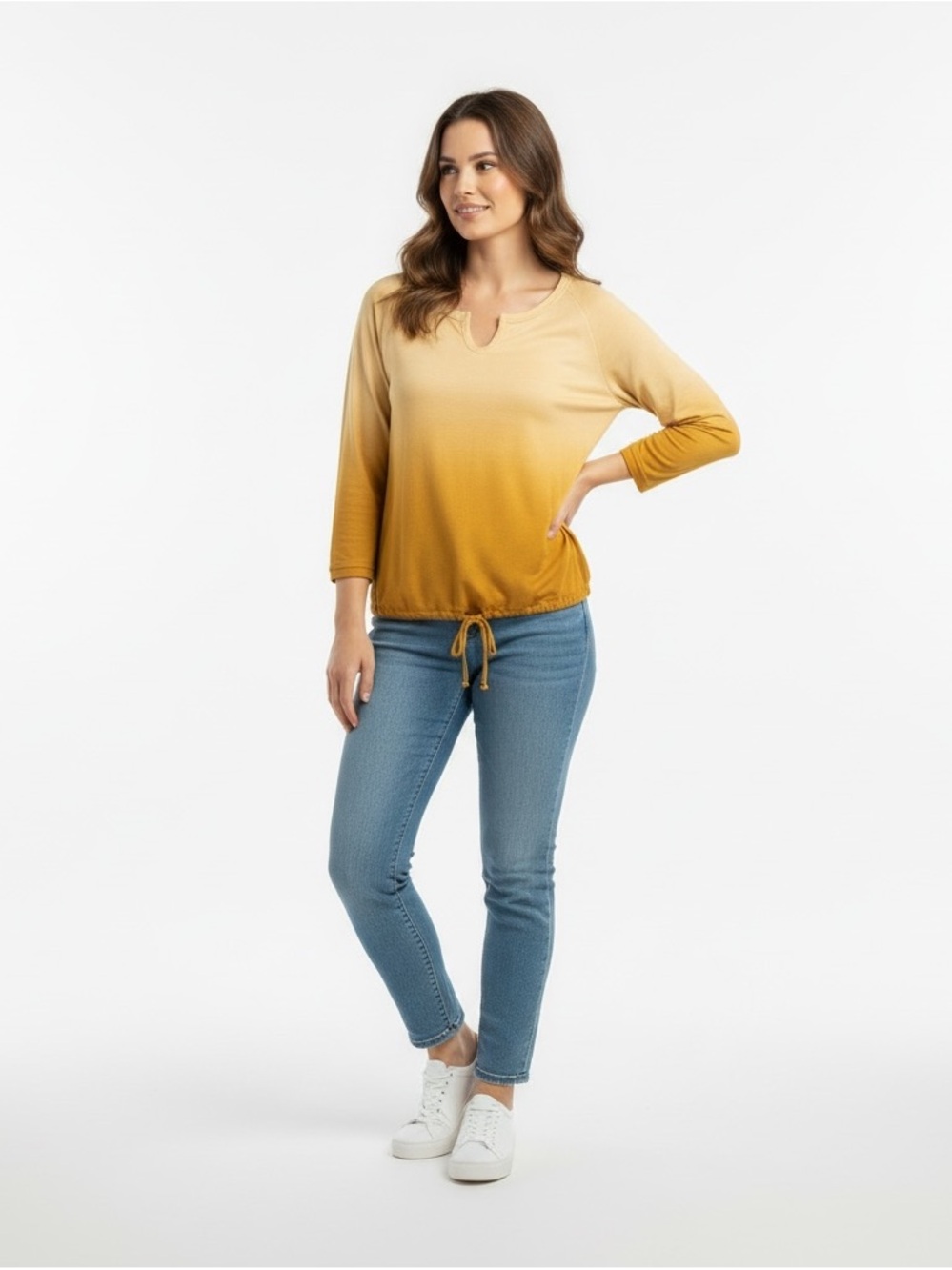 NWT Jule Open Scoop Neck Long Sleeve Drawstring Hemline Butter Color Top Size XL